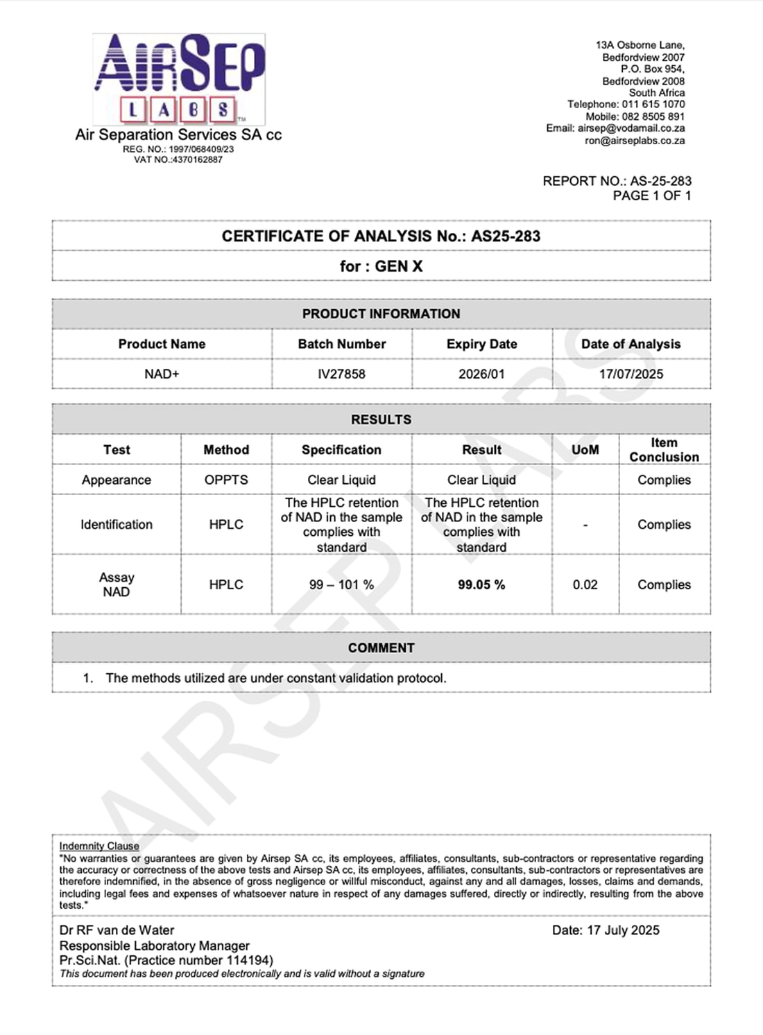Certifikata e Analizës (COA) — NAD+, pastërti 99.05%, lëshuar nga AirSep Labs